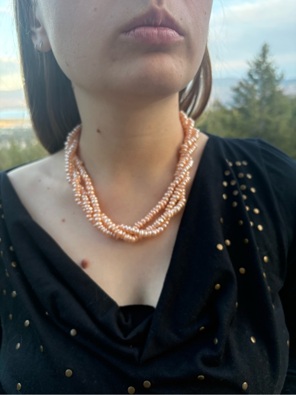 Peach Fresh Water Pearls Three Strand Necklace